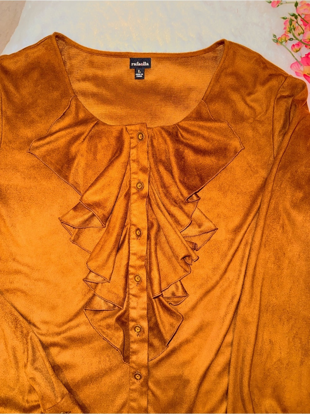 2 x 20$ Rafaella Rust Brown Ruffled Button-Front Blouse Size L - Picture 2 of 6